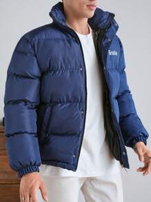 RueChic Men's Simple All-Match Jacket With Front And Back English Print And Stand Collar For Winter - Navy Blue - View 5