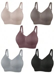 5pcs/Set Plus Size Solid Color Simple Wirefree Bra