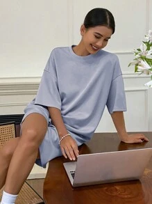 DAZY 簡約寬鬆純色短袖T恤和短褲家居服套裝 - 藍色 - 查看 5