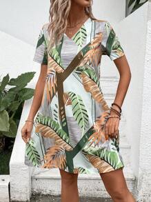 INAWLY Women's Summer Holiday Casual Plant Printed Short Sleeve Dress
