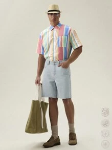 Manfinity VCAY Men's Digital Printed Loose Fit Short Sleeve Striped Summer Shirt,Back To School - Multicolor - View 4