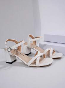 Women's Comfortable White High Heel Sandals, Wedding Shoes, Summer Shoes, Chunky Heels - White - View 6