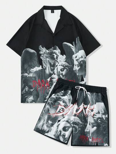 Street Life Men's Single Breasted Printed Short Sleeve Shirt And T-Shirt Set, Suitable For Spring And Summer