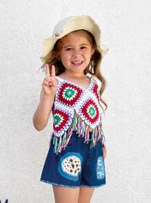 SHEIN Young Girls Beach Vacation Crochet Fringed Hem Sweater Camisole - Brown - View 4