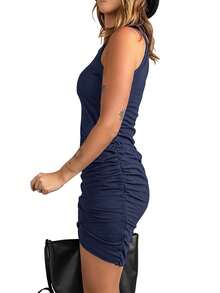 Solid Ruched Side Tulip Hem Tank Dress - Navy Blue - View 3