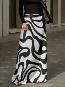 Chiquease 優雅高腰隨機印花A字型長裙，休閒款式 - 黑與白 - 查看 1