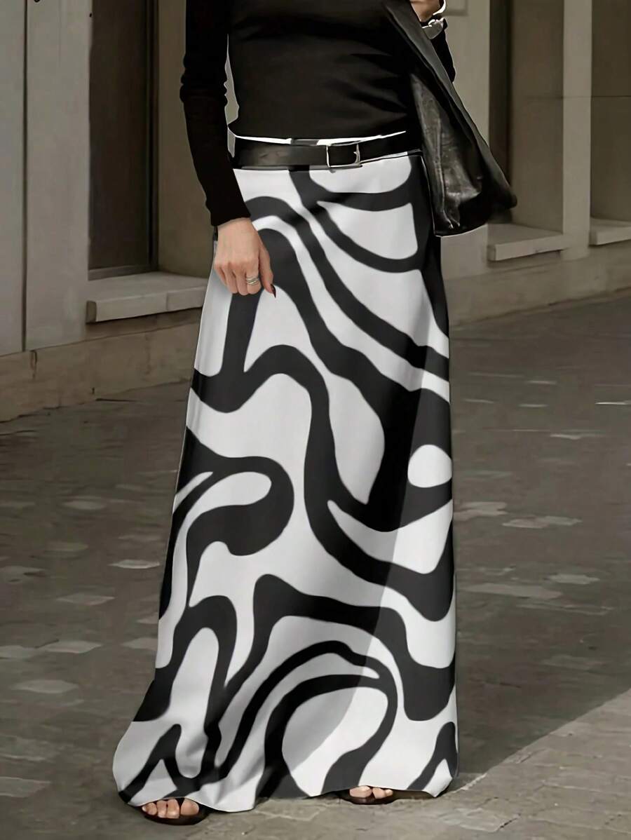 Chiquease 優雅高腰隨機印花A字型長裙，休閒款式 - 黑與白 - 查看 1