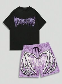 ROMWE MEN Street Life 2 件男士肖像印花短袖 T 恤和短裤套装，适合日常穿着、春夏季、学校 - 黑色 - 查看 1