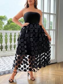 Celure Plus Size Women's Fashion Mesh 3D Circle Patchwork Dress - Black - View 4