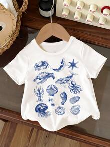 SHEIN ModeFlare Wear Baby Boy Casual Minimalist Cartoon Ocean Animal Graphic Print Short Sleeve Crew Neck Top, Suitable For Summer, Cotton Blend - White - View 1