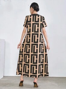 Al Najma Geo Print V Neck Dress - Khaki - View 6