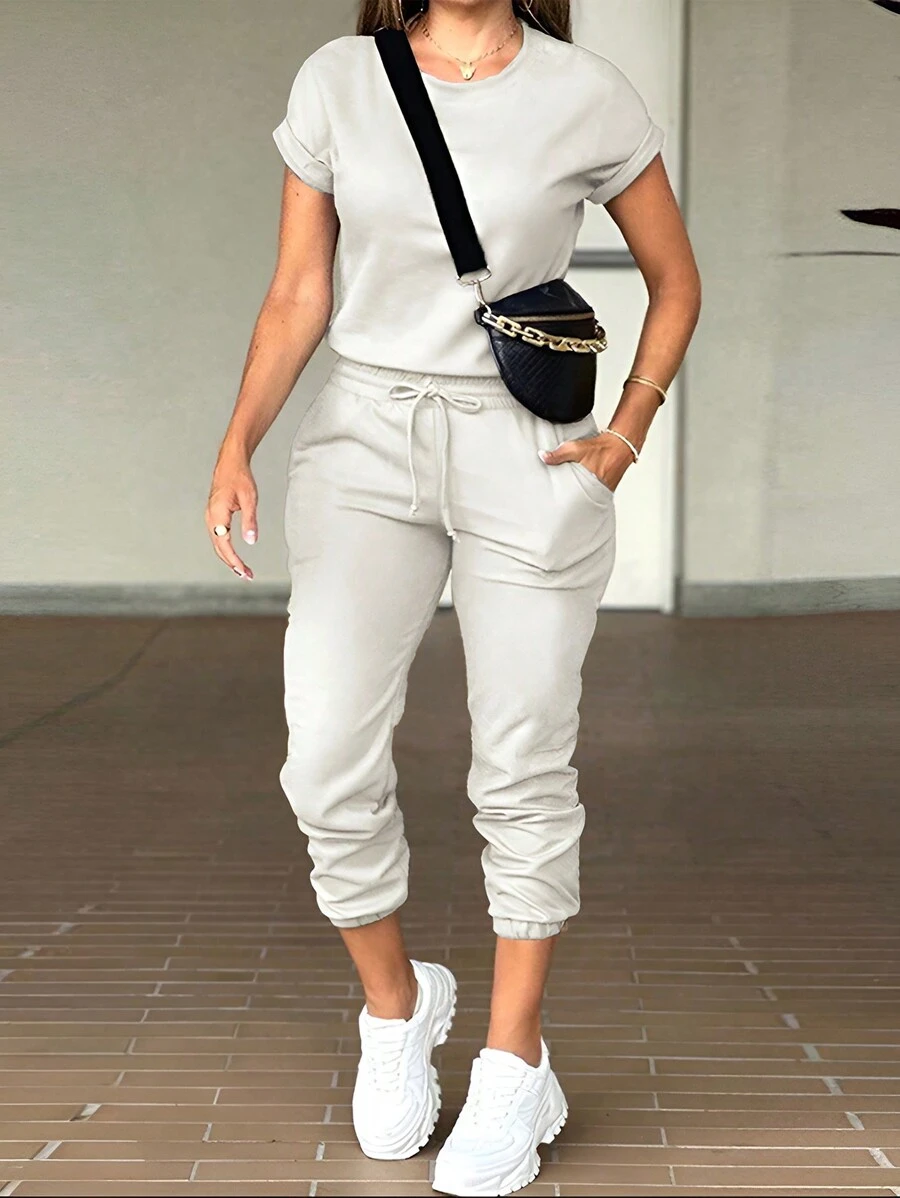 INAWLY Solid Batwing Sleeve Tee & Drawstring Waist Sweatpants Without Bag - Beige - View 1