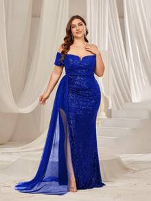 Faeriesty 加大露肩褶皱垂坠侧亮片礼服优雅舞会晚会婚礼宾客礼服，适合毕业典礼、晚宴派对礼服