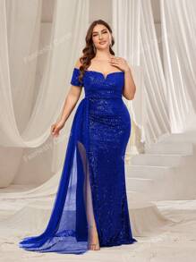 Faeriesty Plus Off Shoulder Ruched Draped Side Sequin Formal Dress Elegant Prom Evening Wedding Guest Gown, For Graduation, Dinner Party Dress