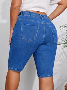 SHEIN LUNE Shorts de mezclilla de talle alto para tallas grandes - Azul lavado medio - Ver 2