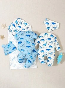 SHEIN 4قطع هدية مجموعة لطفل الذكر مكونة من بدلة سباحة بطباعة سمكة القرش بأكمام طويلة، بدلة سباحة بأكمام قصيرة، وبناطيل طويلة وبطانية ملف - متعدد الألوان - مشاهدة 2