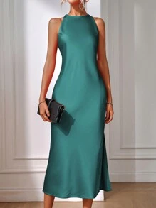 EMERY ROSE Solid Keyhole Back Sleeveless Satin Party Dress Maxi Women Outfit - Teal Blue - View 3