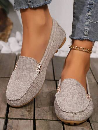 秋冬新款百搭大码春夏轻便柔软平底一脚蹬鞋，透气休闲/工作服舒适鞋，带金属扣，圆头，拼布蕾丝，帆布，女士运动鞋