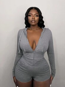 Slaydiva 2 pièces Set : Streetwear décontracté Femme Grise Shorts Moulants Avec Capuche Et Fermeture Éclair Avant
