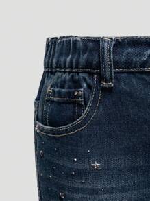 SHEIN Vintage Y2K Tween Girl Rhinestone Studded Detailed Wide Leg Jeans, Fashionable And Versatile - Medium Wash - View 7