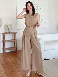 DAZY Conjunto de dos piezas de mujer con top sin mangas de un solo color y pantalones de pierna ancha para el verano