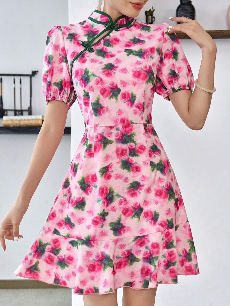 Modelyn 1 chiếc Sườn xám in hoa viền bèo nhún, Sườn xám/Đầm xường xám Trung Quốc hiện đại cải tiến - Hồng - Xem 1