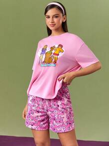 SCOOBY-DOO X SHEIN Conjunto de ropa para el hogar para mujer con camiseta de corte holgado y pantalones cortos impresos con letras de dibujos animados, para verano - Rosa - Ver 4