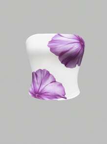 INAWLY Y2K夏季短款裸露肩粉色花卉印花無肩帶上衣，修身剪裁，露肩設計 - 彩色 - 查看 3