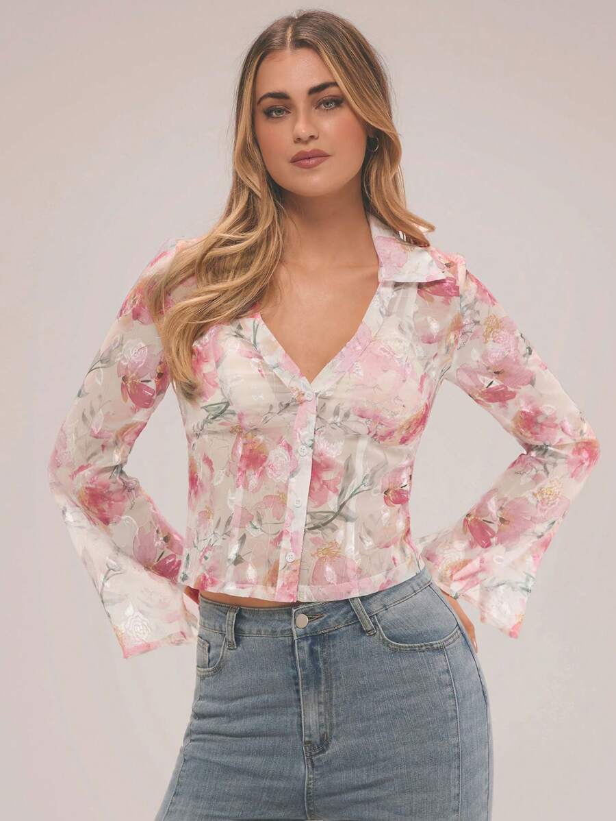 Forever 21 日常穿著花卉印花荷葉邊袖休閒襯衫 - 彩色 - 查看 1