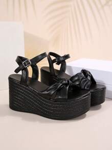 Women's Fashionable Dark-Colored Sandals With Wedge Heels And Multiple Straps,Spring Summer Outfits - Black - View 5