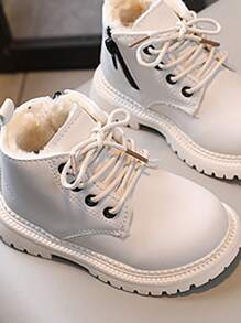 嬰幼女童雪靴，保暖內裡，側拉鏈和鞋帶結合款式，時尚平底踝靴 - 白色 - 查看 4