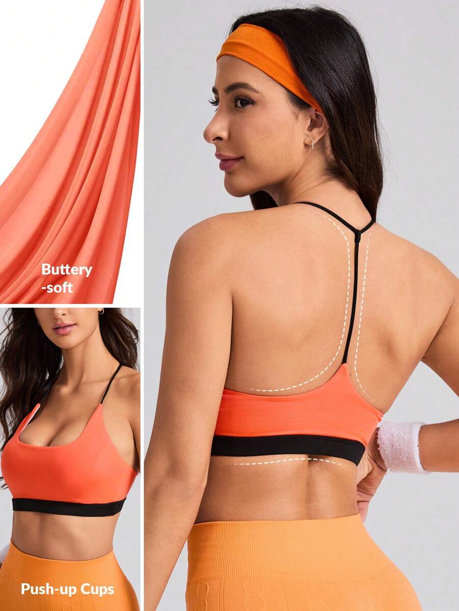 Seamluxe SHEIN Sport 女款彩塊邊緣休閒時尚運動胸衣 - 橘色 - 查看 1