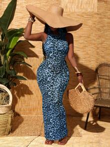 Slaydiva 女士豹纹无袖网眼连衣裙