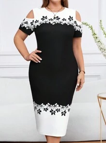 SHEIN Clasi 圆领露肩黑白印花大码紧身连衣裙 - 黑與白 - 查看 1