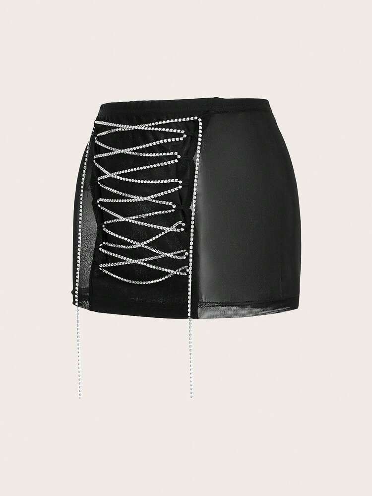 Y2k Black Sexy Tight-Fitting Low-Waisted Mesh And Rhinestone Splicing Drawstring Chain Decor Mini Skirt For Women Summer Rave Festival Outfits Going Out Party Clothing