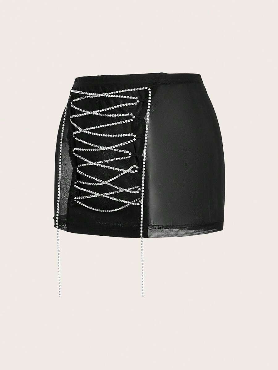 SHEIN ICON Y2k Black Sexy Tight-Fitting Low-Waisted Mesh And Rhinestone Splicing Drawstring Chain Decor Mini Skirt For Women Summer Rave Festival Outfits Going Out Party Clothing - Black - View 1