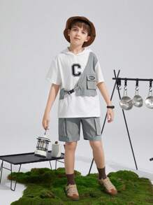 SHEIN Conjunto de dos piezas de camiseta y pantalones cortos con capucha estampada y ajuste holgado para niño preadolescente - Gris - Ver 3