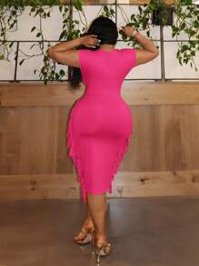 Slaydiva 大尺碼晚宴及優雅純色修身短袖深V領帶扣修邊拼接女中裙黃色-E - 玫紅色 - 查看 2