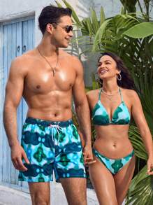 Manfinity Pantalones cortos de playa y baño para hombres con estampado de tie-dye y cintura con cordón ajustable para vacaciones