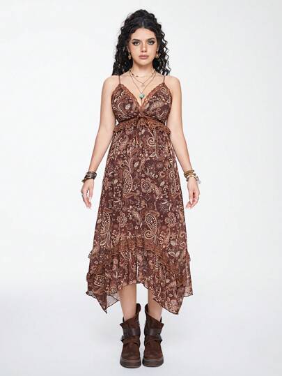 Hippie Women's Asymmetrical Hem A-Line Lace Dress With Paisley Pattern