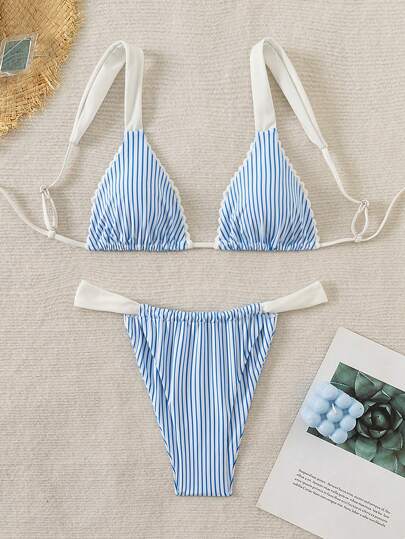 Swim Mod Women's Summer Beach Striped Sexy Bikini Set, Random Printed Pattern, Two-Piece Bikini Set
