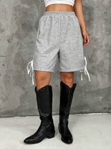 Muchica 灰色針織寬鬆短褲，女性休閒短褲，側邊網紋及打結腰帶 - 灰色 - 查看 5