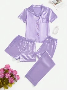 3pcs Ladies' Comfy Satin Pajama Set For Women - Multicolor - View 1