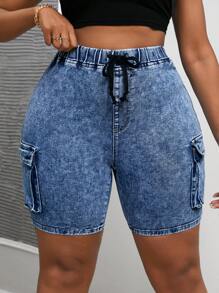 SHEIN SXY Women's Plus Size High Waisted Sexy Slim Fit Jeans Shorts, Denim - Medium Wash - View 1