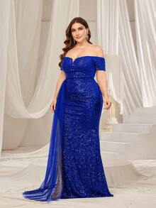 Faeriesty 加大露肩褶皱垂坠侧亮片礼服优雅舞会晚会婚礼宾客礼服，适合毕业典礼、晚宴派对礼服