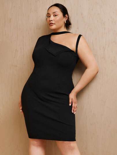 MONSE Designer Plus Knit Mini Dress With Cut-Out Shoulder, For Holiday, Party Outfit, Festival