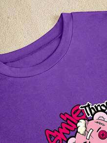 BamGleam 修身女式休闲短袖 T 恤，舒适，圆领，时尚印花女式夏季 T 恤，街头潮流，带有熊图案和“Smile Through The Pain”文字 Smile Through The Pain 图案 T 恤女式上衣 - 紫色 - 查看 4