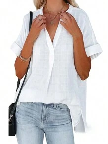SHEIN LUNE Women's Summer Casual Solid Color Notched Neck Batwing Sleeve Shirt