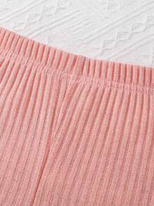 SHEIN 年輕女孩肋編扭結下擺t恤和短褲套裝