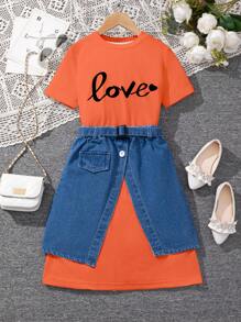 SHEIN Tween Girls' Knitted Printed Dress - Orange - View 1